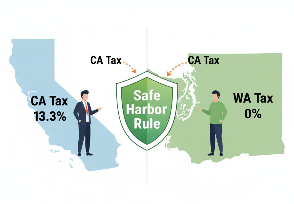 A clean, professional infographic. The image is split. The left side shows the outline of California with 'CA Tax 13.3%' written on it. The right side shows the outline of Washington state with 'WA Tax 0%' written on it. A person is shown in each state. A dotted arrow labeled 'CA Tax' goes from California toward the Washington person, but a large, green shield labeled 'Safe Harbor Rule' is deflecting it.