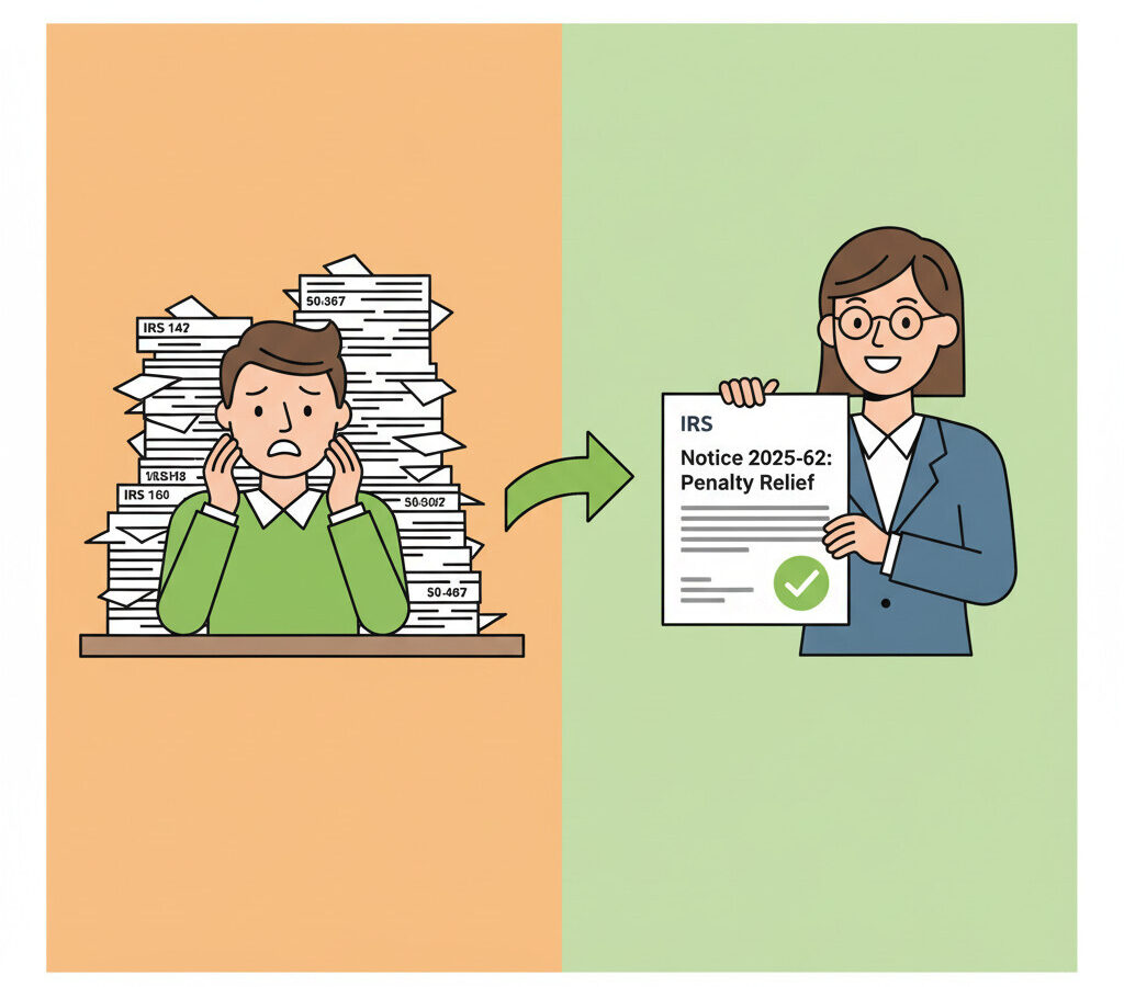 A flat design illustration showing a stressed employer looking at a pile of tax forms on one side, and a smiling IRS agent holding up a document titled 'Notice 2025-62: Penalty Relief' on the other, with a green checkmark. Vibrant green and orange colors.