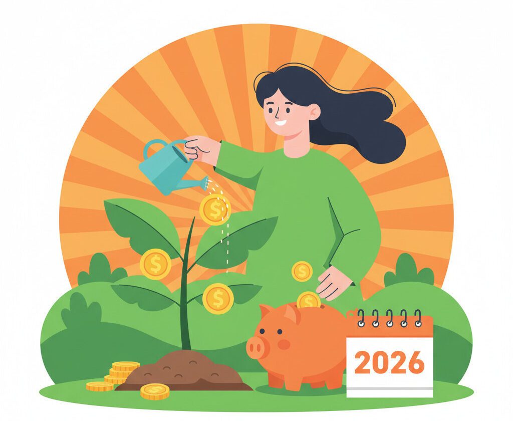 A bright and optimistic flat design illustration showing a person watering a growing plant with coins, next to a piggy bank and a calendar showing '2026'. Use a vibrant green and orange color palette.