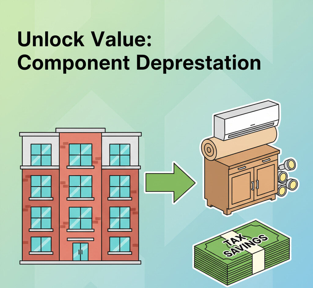 A professional and clean illustration for a financial blog. On the left, show a simple drawing of a complete apartment building. On the right, show the building 'deconstructed' into its components: a roll of carpet, an AC unit, kitchen cabinets, and light fixtures. A large, bold, green arrow flows from the components, pointing to a stack of money labeled 'Tax Savings,' illustrating how breaking the building apart unlocks value.