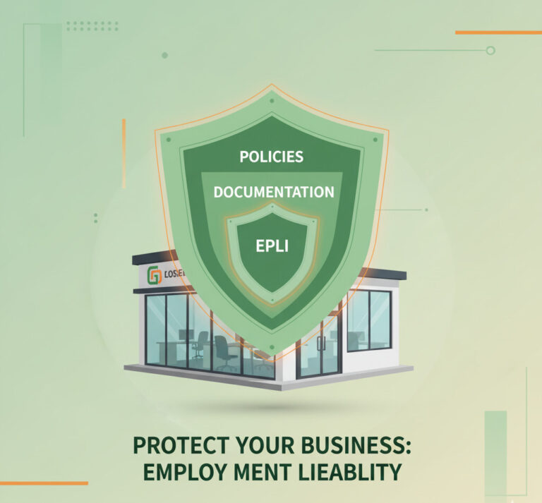 A professional and modern illustration showing a multi-layered shield protecting a small business office. The layers of the shield are labeled 'Policies,' 'Documentation,' and 'EPLI.' The style is clean, corporate, and confidence-inspiring, using green and orange accents.
