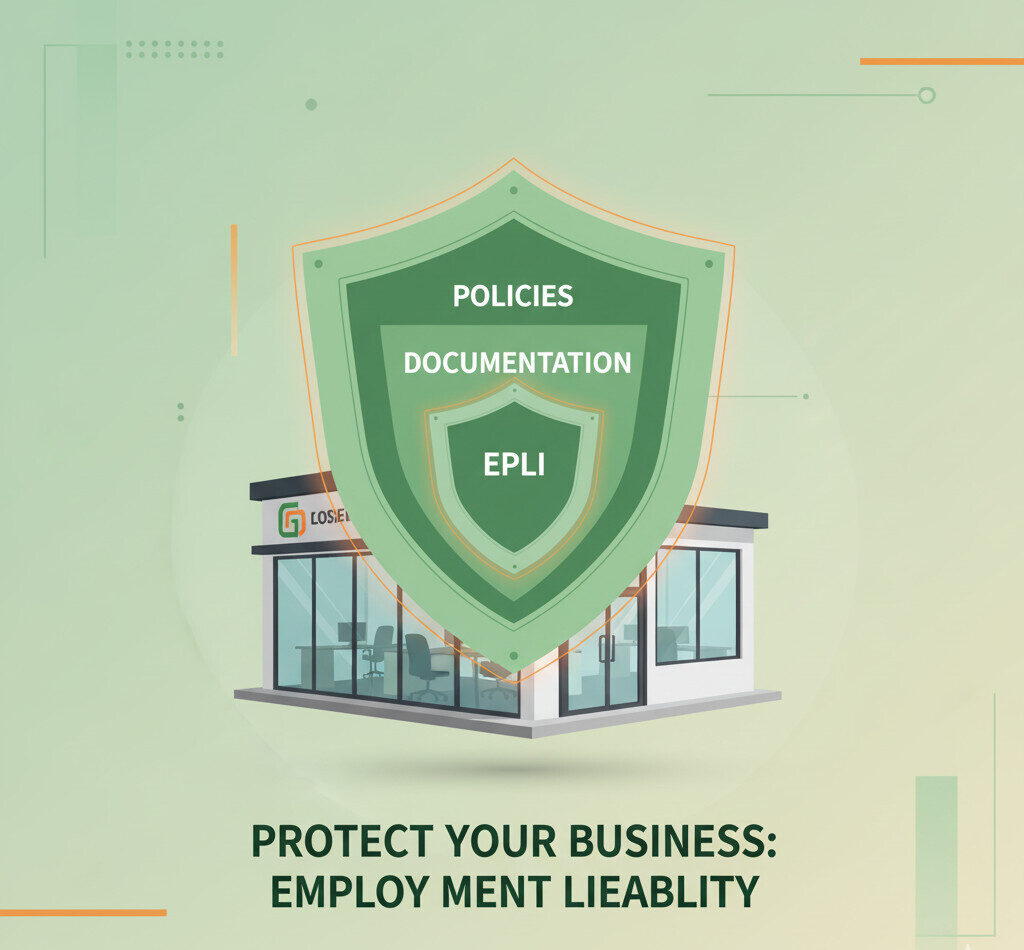 A professional and modern illustration showing a multi-layered shield protecting a small business office. The layers of the shield are labeled 'Policies,' 'Documentation,' and 'EPLI.' The style is clean, corporate, and confidence-inspiring, using green and orange accents.