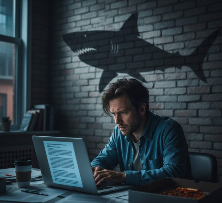 A cinematic, slightly stressed image of a startup founder sitting at a desk late at night, illuminated by a laptop screen showing a dense legal contract. A large, ominous shadow of a shark (representing the VC) is cast on the wall behind them.