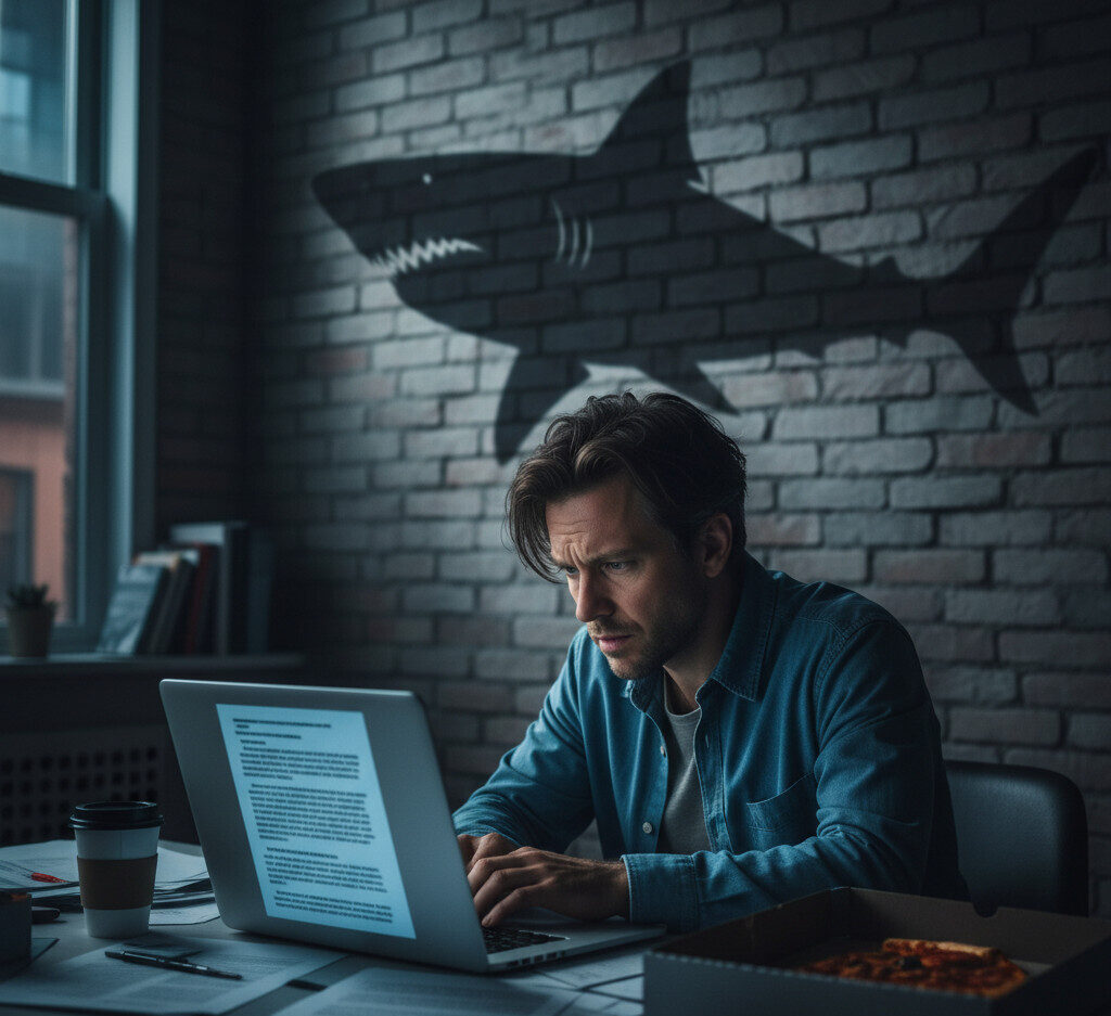 A cinematic, slightly stressed image of a startup founder sitting at a desk late at night, illuminated by a laptop screen showing a dense legal contract. A large, ominous shadow of a shark (representing the VC) is cast on the wall behind them.