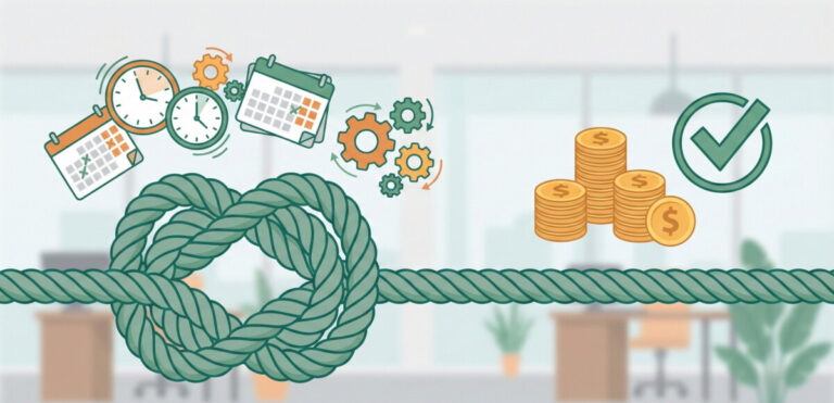 A clean, professional illustration of a tangled rope knot being untied into a straight, organized line. The background is a soft office setting. On the left side (the knot), there are floating icons of clocks and calendars in chaos. On the right side (the straight line), there are neat stacks of coins and a checkmark. The style is modern corporate vector art, using shades of green and orange.