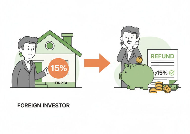A visual, infographic-style illustration showing a person (a foreign investor) looking at a house with a large '15%' symbol on it. The person looks worried. On the other side, an arrow points to a piggy bank and a tax form, labeled 'REFUND,' showing the '15%' is not lost. The style should be friendly and simple, using green and orange colors.