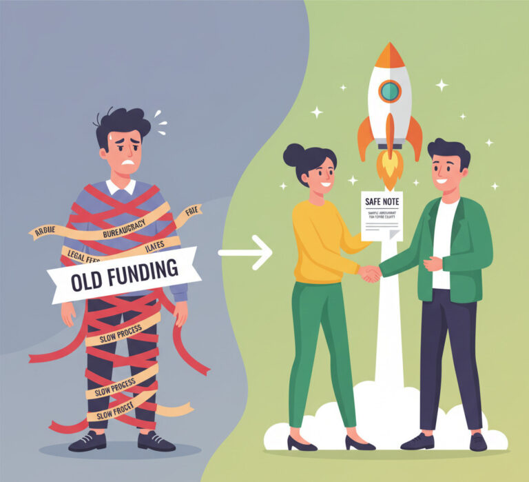 A clean, modern illustration in a friendly, approachable style. The image shows a side-by-side comparison. On the left, a frustrated startup founder is tangled in red tape labeled 'Old Funding.' On the right, a happy founder is shaking hands with an investor, with a simple document labeled 'SAFE' between them, and a rocket ship taking off in the background. Use a vibrant color palette, primarily green and orange.