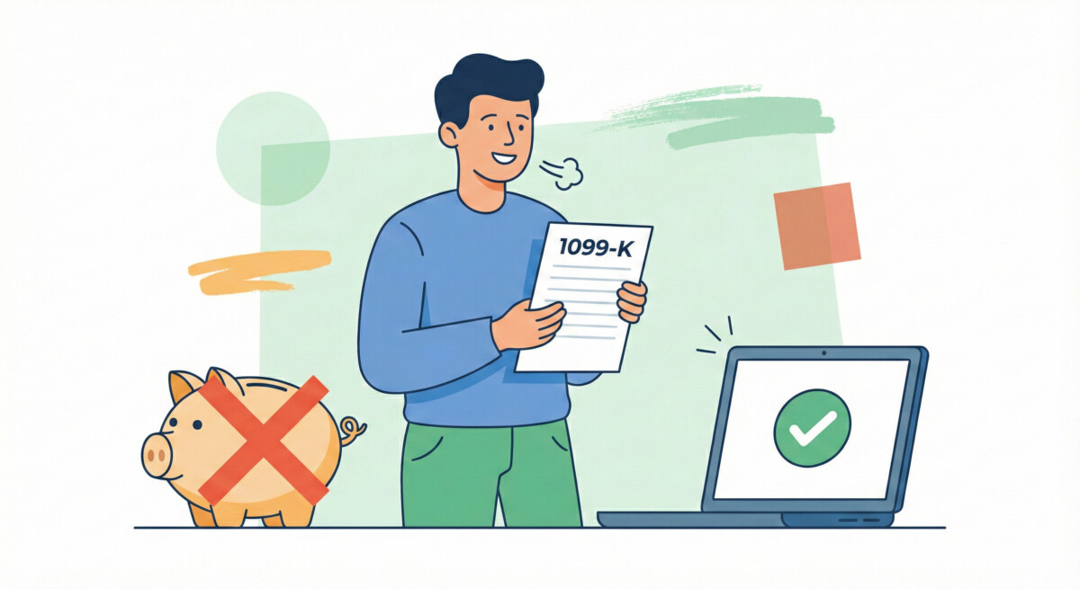 "A friendly, modern illustration of a person looking relieved while holding a tax document labeled '1099-K'. On one side, a simple piggy bank with a red 'X' (representing non-taxable personal items) and on the other, a laptop with a green checkmark (representing business income). The background should be clean white with soft green and orange accents to match a vibrant, financial education theme."