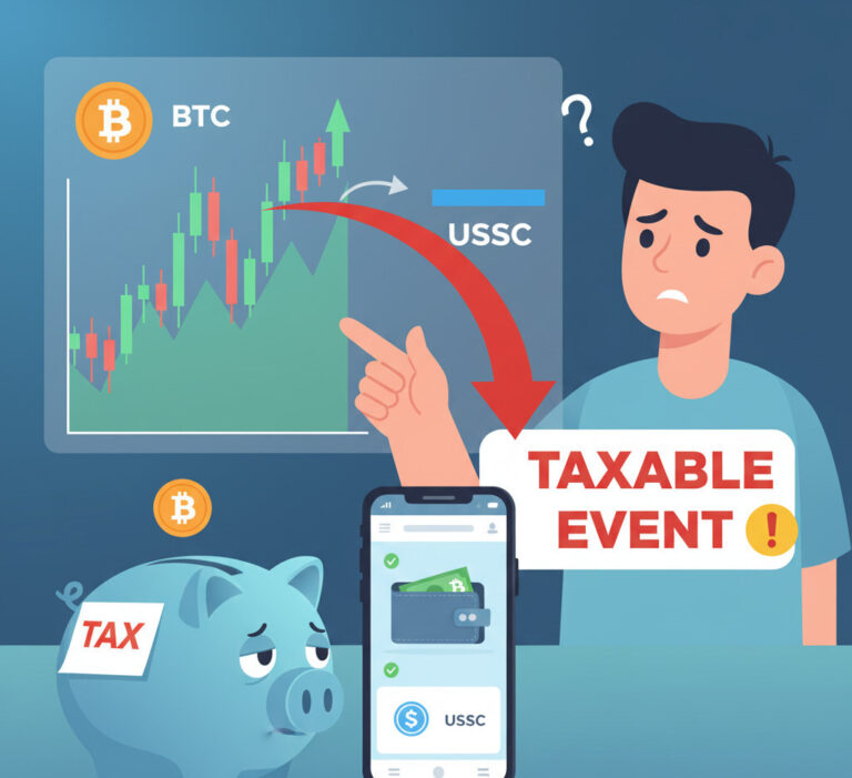 A digital art illustration showing a sad piggy bank with a 'TAX' notice stuck to it, sitting next to a crypto wallet on a phone. In the background, a person looks confused, pointing from a rising Bitcoin (BTC) chart to a stable USD Coin (USDC) symbol, with a red warning 'TAXABLE EVENT' arrow connecting them.