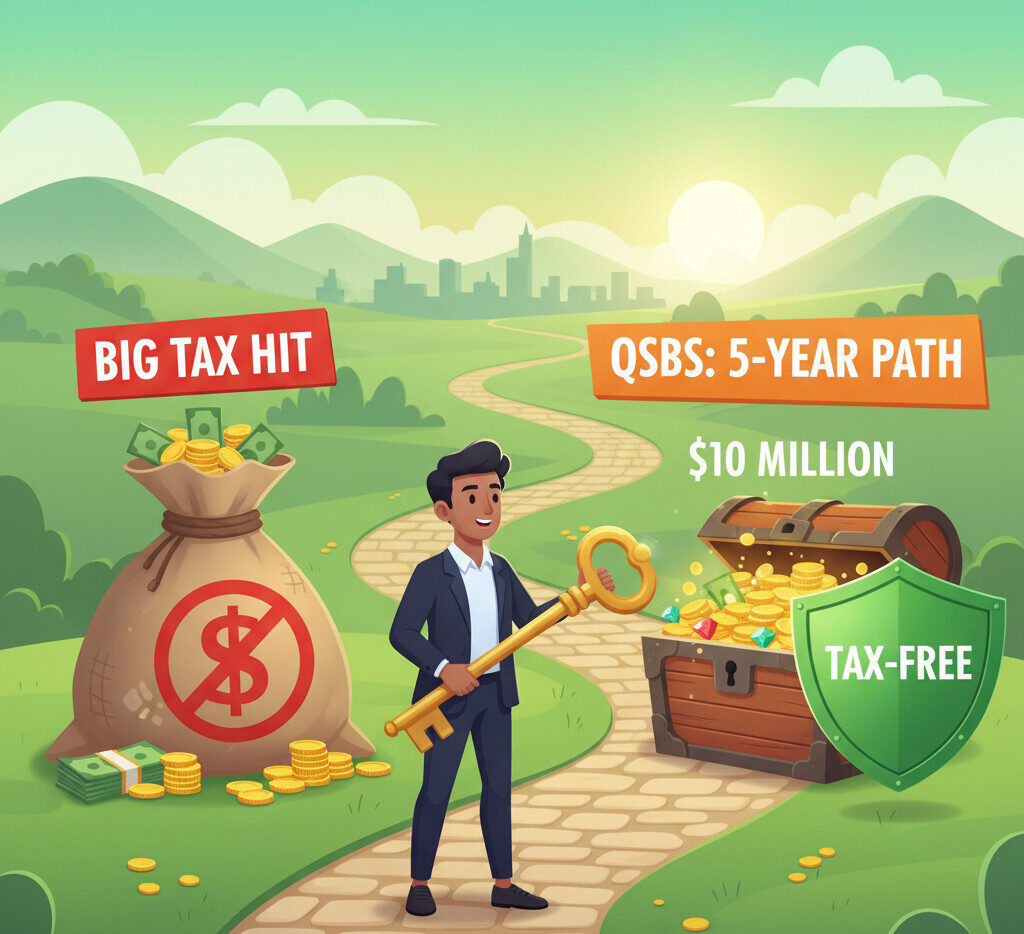A vibrant, professional illustration for a finance blog post. A founder stands at a crossroads. One path leads to a large bag of money with a huge red tax symbol on it. The other path, labeled 'QSBS: 5-Year Path,' leads to a locked treasure chest overflowing with $10 million in gold, with a green 'TAX-FREE' shield protecting it. The founder is looking at the treasure chest path, holding a key. The style is modern, friendly, and uses green and orange colors.
