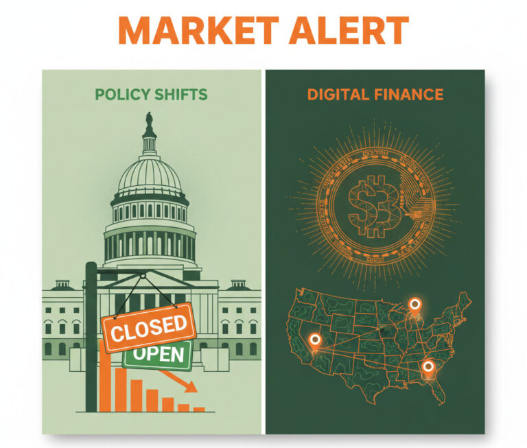A split-screen editorial illustration. On the left, a stylized depiction of the US Capitol building with a 'Closed/Open' sign. On the right, a digital wireframe of a cryptocurrency coin and a map of the United States with pinpoints on Washington, Pennsylvania, and California. The color palette should be professional green and vibrant orange, symbolizing finance and alert.