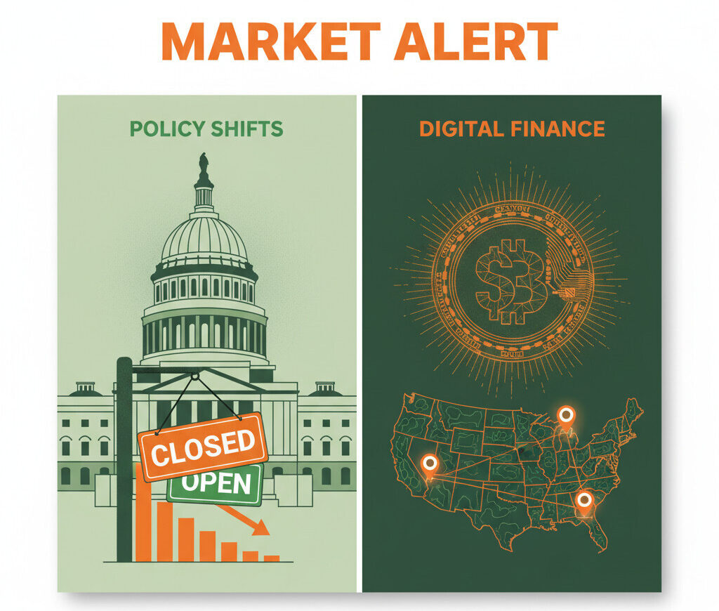 A split-screen editorial illustration. On the left, a stylized depiction of the US Capitol building with a 'Closed/Open' sign. On the right, a digital wireframe of a cryptocurrency coin and a map of the United States with pinpoints on Washington, Pennsylvania, and California. The color palette should be professional green and vibrant orange, symbolizing finance and alert.