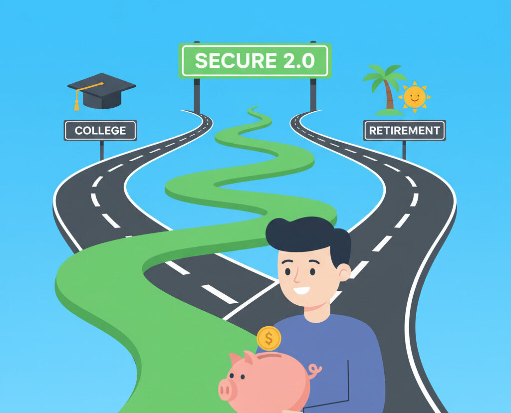 A flat design illustration showing a split road. One path, labeled 'COLLEGE,' has a graduation cap. The other path, 'RETIREMENT,' has a palm tree and a sun. In the middle, a smiling, relieved person holds a piggy bank, looking at a new, third path labeled 'SECURE 2.0' that connects the other two, showing it's possible to do both.