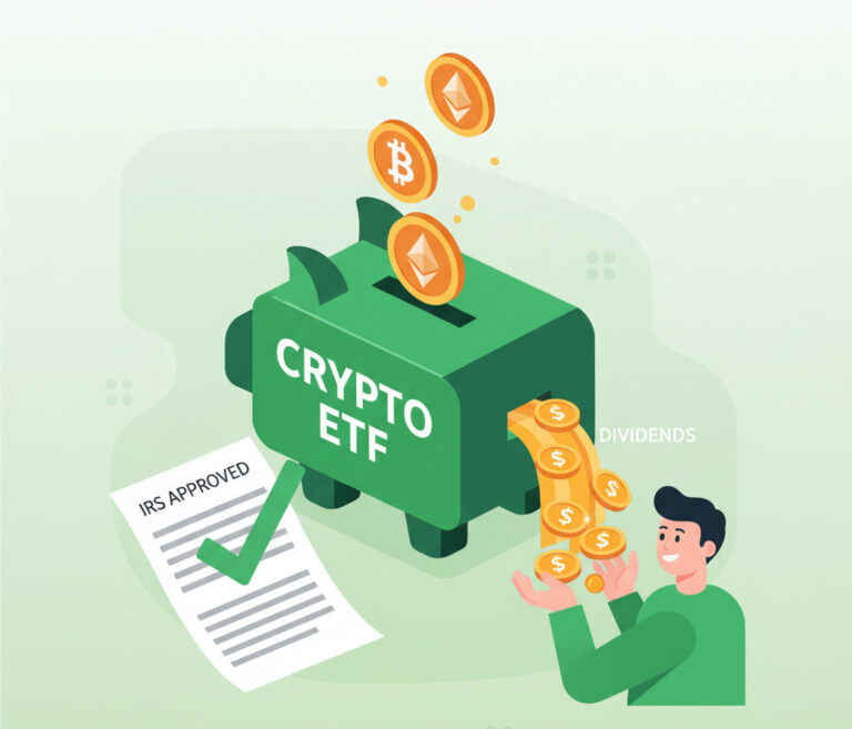A digital illustration showing a crypto ETF piggy bank, with crypto coins (like Ethereum) going in, and a new IRS document with a green checkmark unlocking a flow of US dollar coins coming out as 'dividends' to a happy investor. The style should be modern, clean, and optimistic, using green and orange accents.