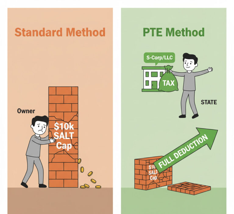 A professional and clear infographic split in two. The left side, labeled 'Standard Method,' shows a sad person (Owner) hitting a brick wall labeled '$10k SALT Cap' with only a few coins passing. The right side, 'PTE Method,' shows a happy person as their business (S-Corp/LLC) hands a bag of money (tax) to the state and receives a large 'Full Deduction' arrow in return, easily bypassing the wall. Use a friendly, modern illustration style with a green and orange color palette.