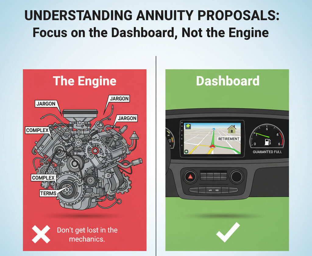 A clear, split-screen infographic. On the left, a complex and confusing car engine with gears and parts labeled 'Jargon' and 'Complex Terms'. On the right, a simple car dashboard showing a GPS route leading to a house labeled 'Retirement' and a fuel gauge that is 'Guaranteed Full'. The title at the top reads 'Understanding Annuity Proposals: Focus on the Dashboard, Not the Engine.