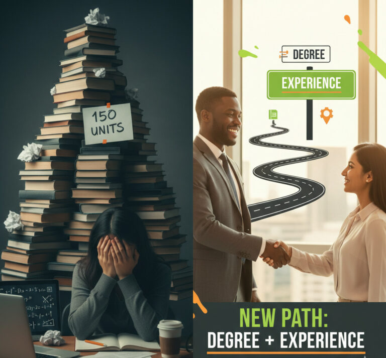 A professional and optimistic image showing a split view: on one side, a stressed student with a mountain of books labeled '150 Units', and on the other, a confident CPA shaking hands with a client, with a clear path graphic labeled 'New Path: Degree + Experience'. Use green and orange accents in the image.