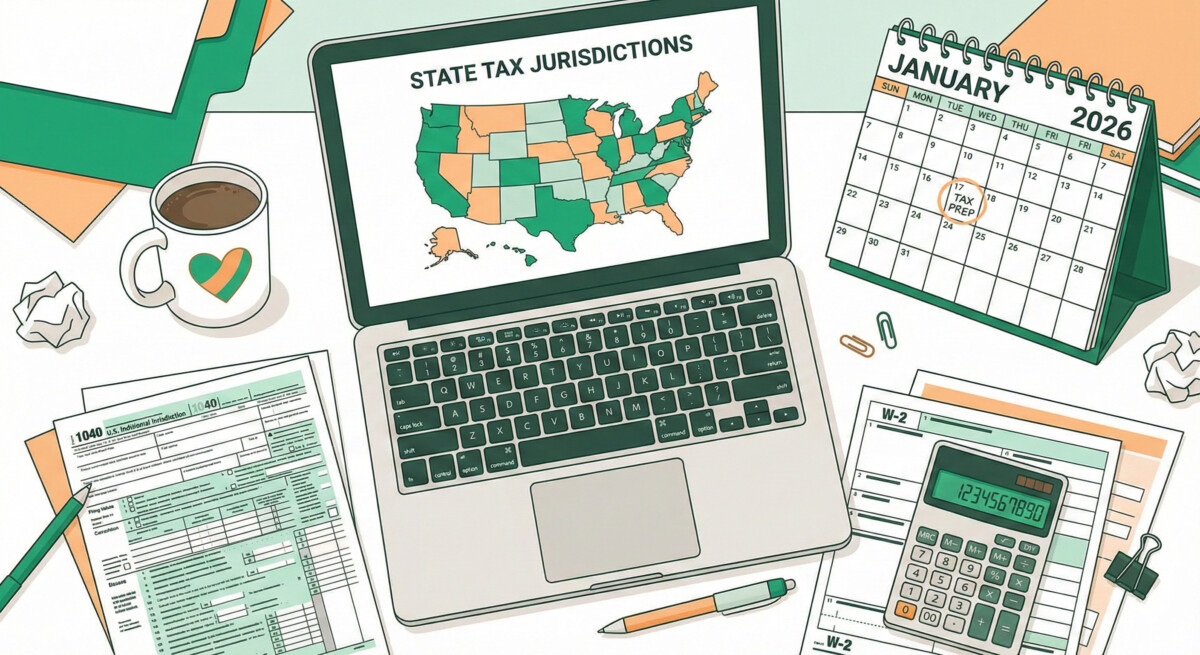 "A flat lay illustration of a messy desk with a laptop showing a map of the USA with state borders highlighted in green and orange. On the desk are tax forms, a calculator, a calendar marked '2026', and a coffee cup. The style should be modern, professional yet friendly, using a color palette of emerald green, soft orange, and white."