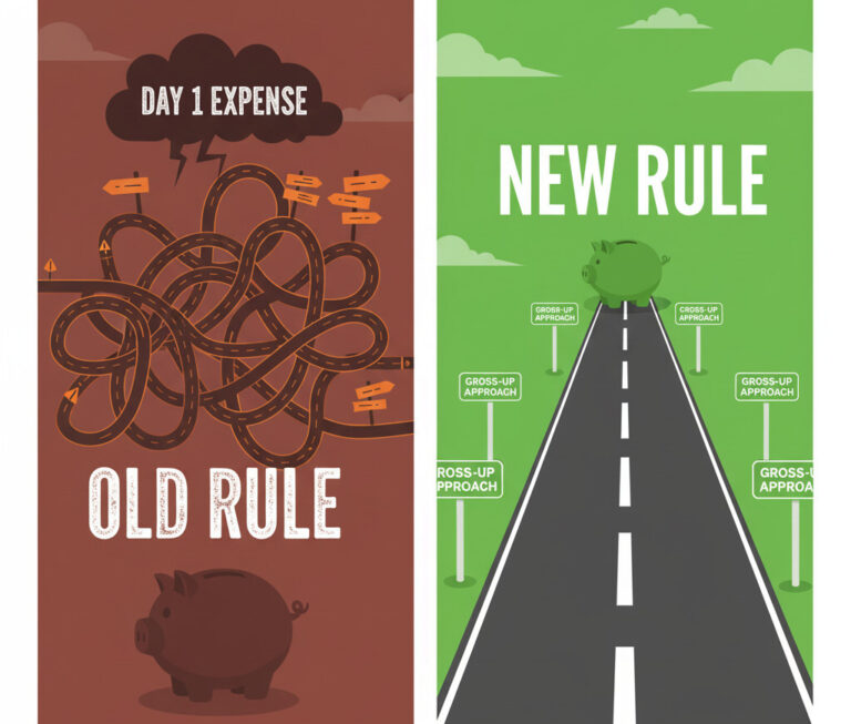 A split-panel image. On the left, a tangled, confusing road labeled 'Old Rule' with a 'Day 1 Expense' storm cloud and a piggy bank looking sad. On the right, a simple, straight, clear path labeled 'New Rule' with 'Gross-Up Approach' signs, leading to a happy, stable piggy bank under a clear sky. The overall tone should be professional and illustrative.