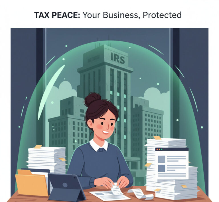 A professional and clean illustration for a blog post, showing a small business owner confidently organizing receipts and tax documents at a desk. In the background, a large, intimidating IRS building is kept at bay by a glowing green shield, symbolizing protection.