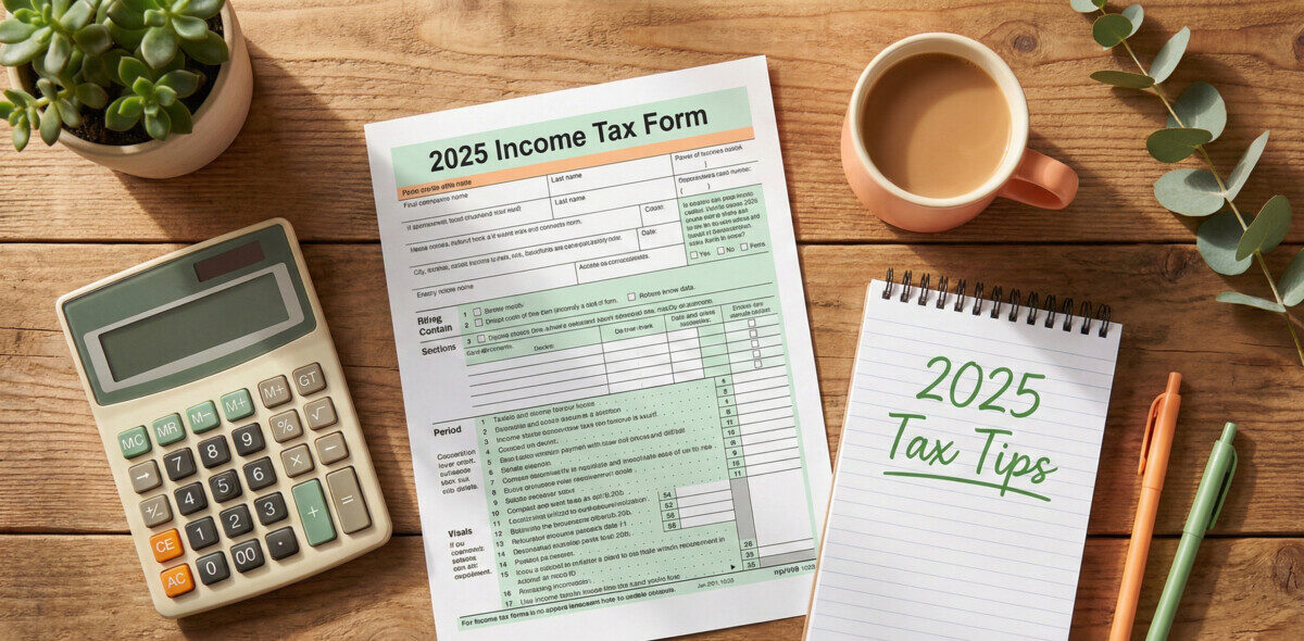 A friendly and clean flat-lay style photo of a wooden desk with a calculator, a tax form, a coffee cup, and a notepad with '2025 Tax Tips' written on it. The lighting is warm and inviting, emphasizing a stress-free financial planning vibe. Color palette should feature soft greens and oranges.
