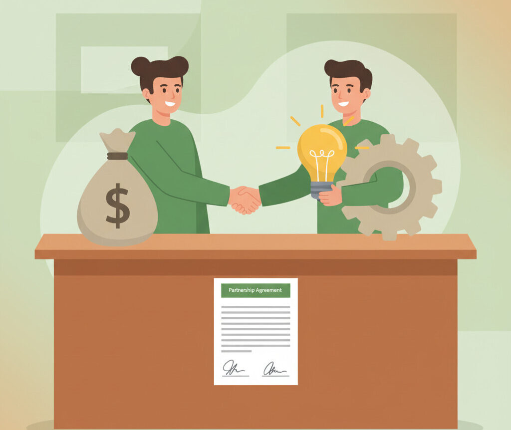 A clean, modern illustration showing two people, one holding a bag of money and the other holding a lightbulb and a gear, shaking hands over a desk. On the desk is a signed 'Partnership Agreement' document. The style should be friendly and professional, using a green and orange color palette.