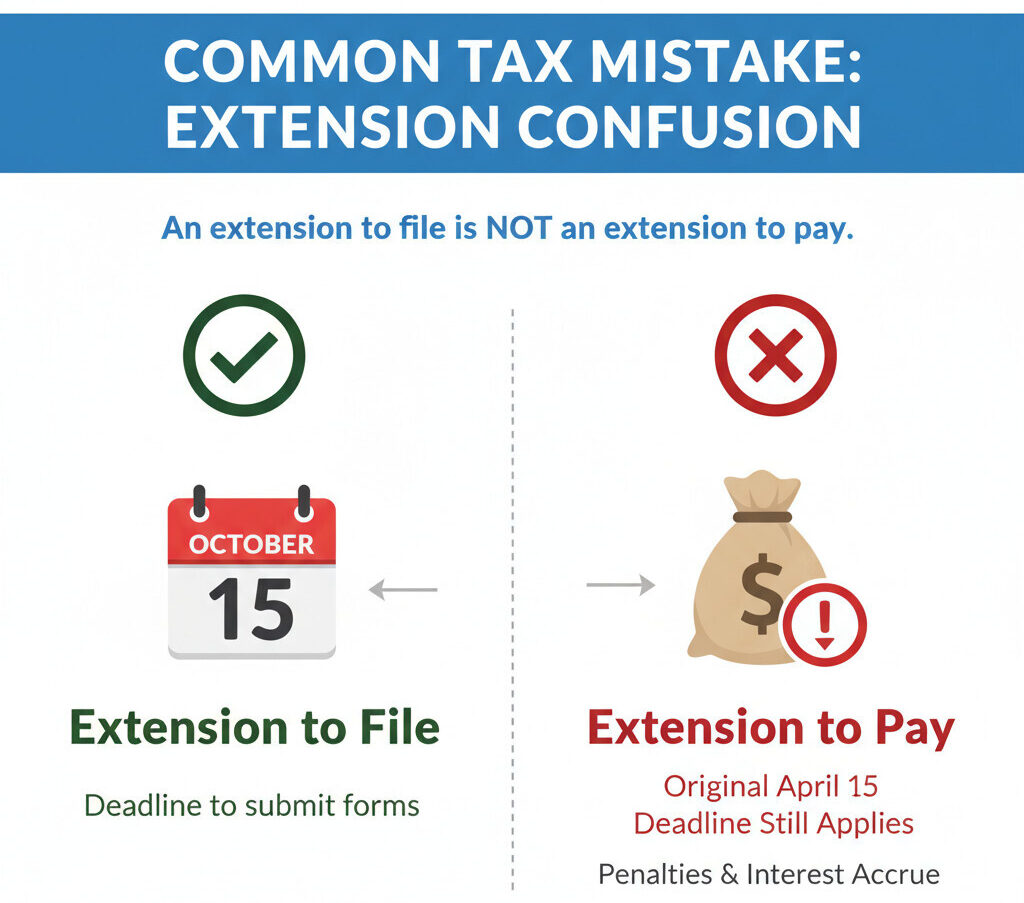 A professional and clean infographic illustrating a common tax mistake. On the left, a green checkmark next to 'Extension to File' pointing to a calendar in October. On the right, a big red 'X' next to 'Extension to Pay' pointing to a bag of money with a penalty symbol, with the original April 15 deadline.
