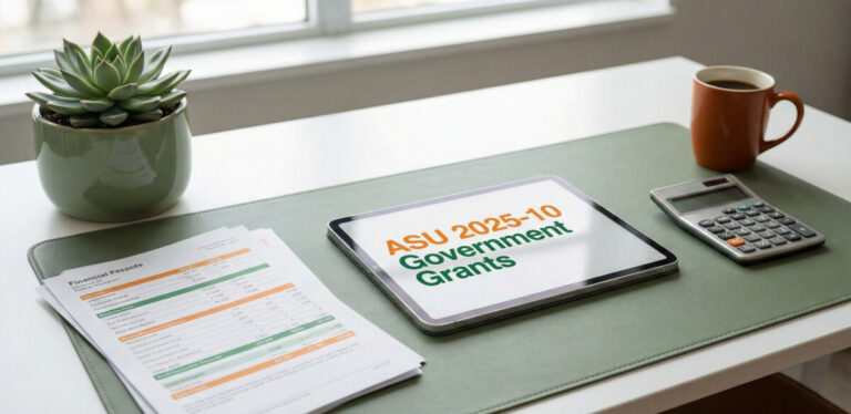 A professional and modern office desk setting with financial documents, a calculator, and a tablet displaying 'ASU 2025-10 Government Grants'. The image should have a clean, green and orange color palette to represent growth and caution. Soft lighting, high resolution, photorealistic style.