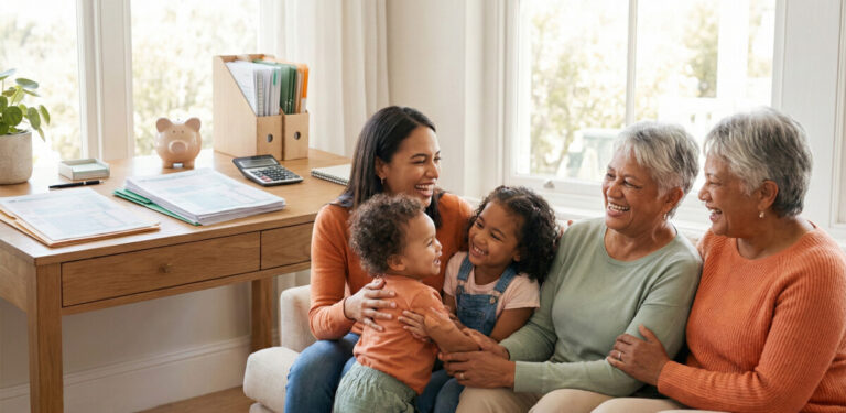 A warm, high-quality photograph of a diverse and happy family embracing a young child in a sunlit living room. In the background, a desk with organized tax papers and a piggy bank. Soft green and orange color palette, professional lighting, heartwarming atmosphere.
