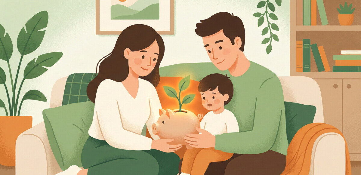 A warm, inviting illustration of a young family (parents and a child) looking at a glowing piggy bank or a growing seedling in a pot. The background is a soft, domestic setting like a living room. The style should be modern, clean, and friendly, using soft greens and oranges to match the 'Green-Orange' theme. No text overlay.