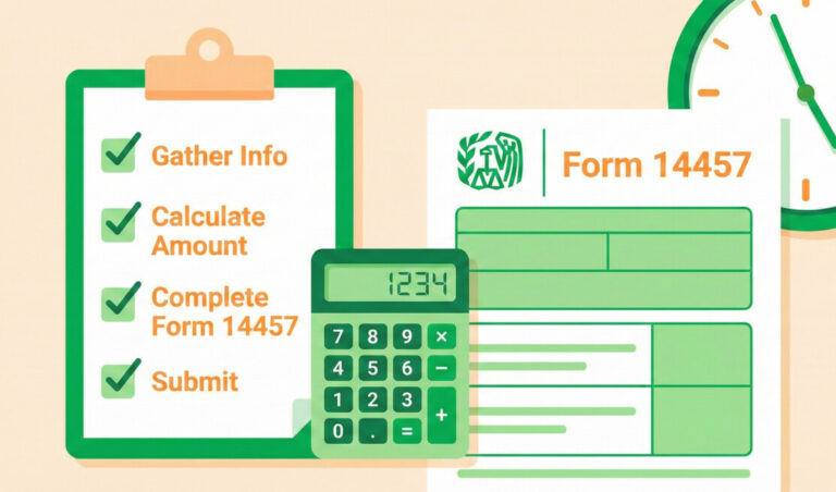 A professional and welcoming flat-style illustration featuring a checklist, a calculator, and a stylized IRS form 14457. The color palette should use vibrant greens and soft oranges. In the background, a clock subtly suggests a deadline. The overall mood is organized, clean, and helpful.
