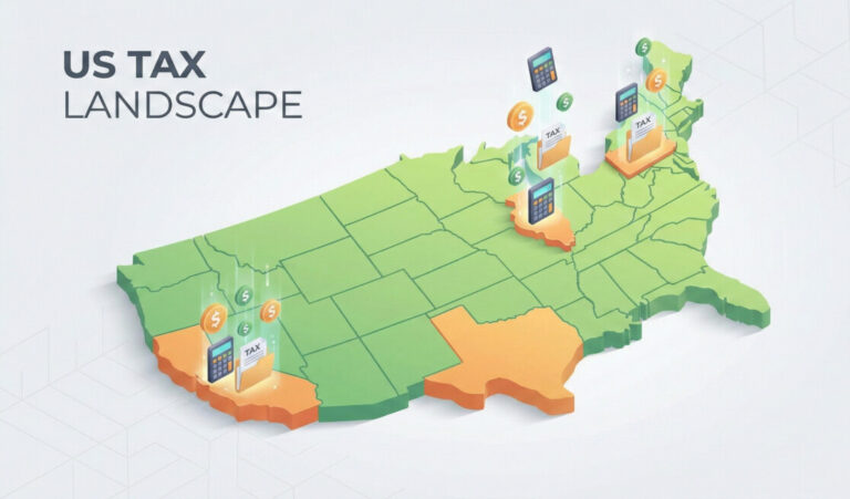 A professional and vibrant isometric 3D illustration of the United States map with various tax-related icons like calculators, document folders, and dollar signs popping out of states like Illinois, California, and Pennsylvania. The color palette uses fresh greens and warm oranges. The style is clean, modern, and business-oriented, with soft lighting and a minimalist background.