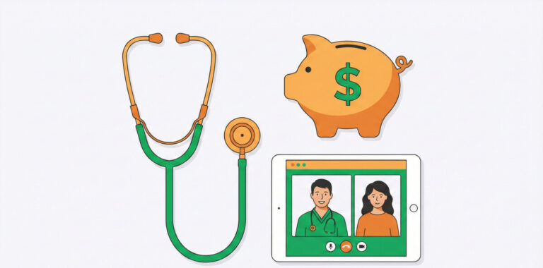 A professional and clean flat-lay illustration featuring a modern stethoscope, a piggy bank with a dollar sign, and a digital tablet showing a medical telehealth call. The color palette should be vibrant green and warm orange, with a soft white background. High resolution, minimalist vector style.