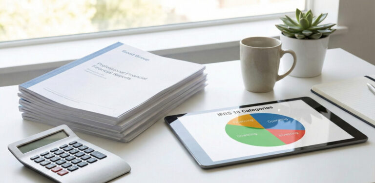 A modern, clean office desk scene featuring professional financial reports titled 'Good Group', a calculator, and a tablet displaying a colorful pie chart labeled 'IFRS 18 Categories', soft natural lighting, professional and educational atmosphere