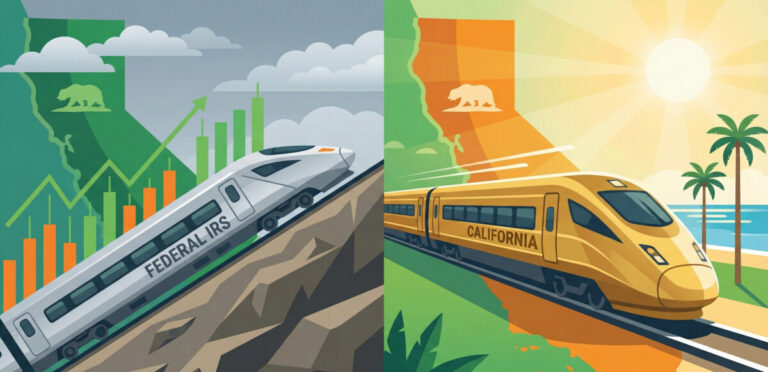 A split illustrated scene showing two high-speed trains diverging onto different tracks. The left train is silver and labeled 'Federal IRS' going up a steep hill, the right train is a golden 'California' train going on a flat, sunny track. The background features a stylized map of California with a bear icon. The style should be modern, flat vector art with vibrant greens and oranges to match a finance blog theme.