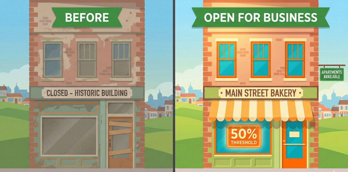 A split-screen illustration showing a revitalized rural Main Street building. On the left, a faded historic brick building with a 'Before' label. On the right, the same building renovated with a vibrant bakery and apartments, 'Open for Business' sign, bright lighting, and a green percentage tag reading '50% Threshold'. The background features rolling green hills and a small town atmosphere. Style: Professional, clean, 3D isometric or flat vector art, using green and orange accents.