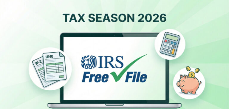 A clean and modern digital illustration representing tax season 2026. The image should feature a laptop screen displaying the 'IRS Free File' logo with a green checkmark, surrounded by floating icons of tax forms, a calculator, and a piggy bank to symbolize savings. The background should be a soft gradient of white and light green, maintaining a professional and friendly financial vibe.