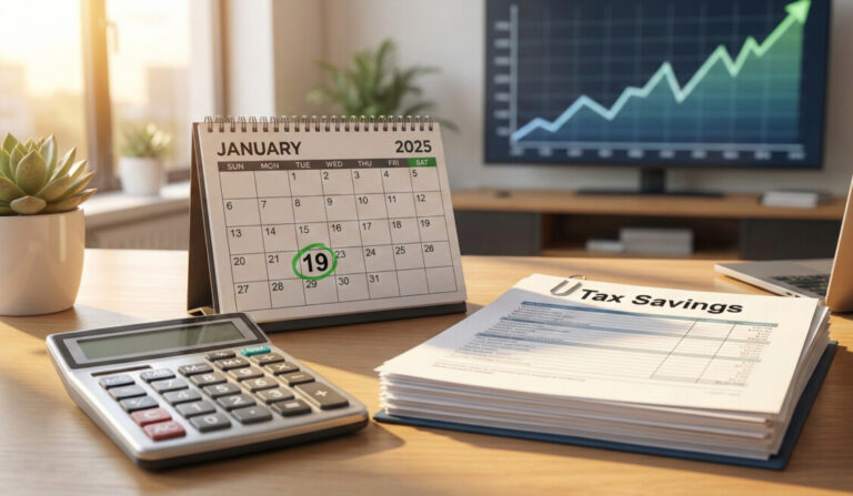 A bright, modern office desk scene featuring a calculator, a calendar open to January 2025 with the 19th circled in green, and a stack of tax documents labeled 'Tax Savings'. The lighting is warm and professional, emphasizing growth and financial success. In the background, a blurred chart shows an upward trend line. High resolution, photorealistic.