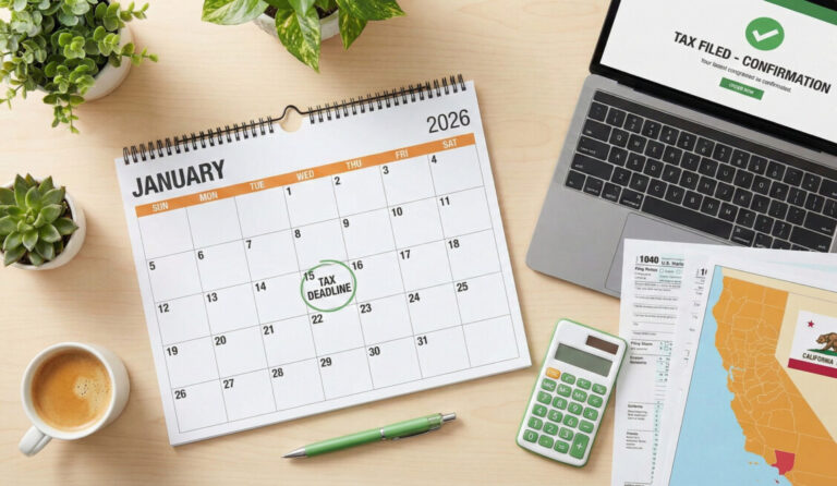 A professional and clean flat-lay style workspace image featuring a calendar open to January 2026, a calculator, a laptop screen showing a 'Tax Filed' confirmation, and documents with a California flag or map element, using a color palette of fresh greens and warm oranges.