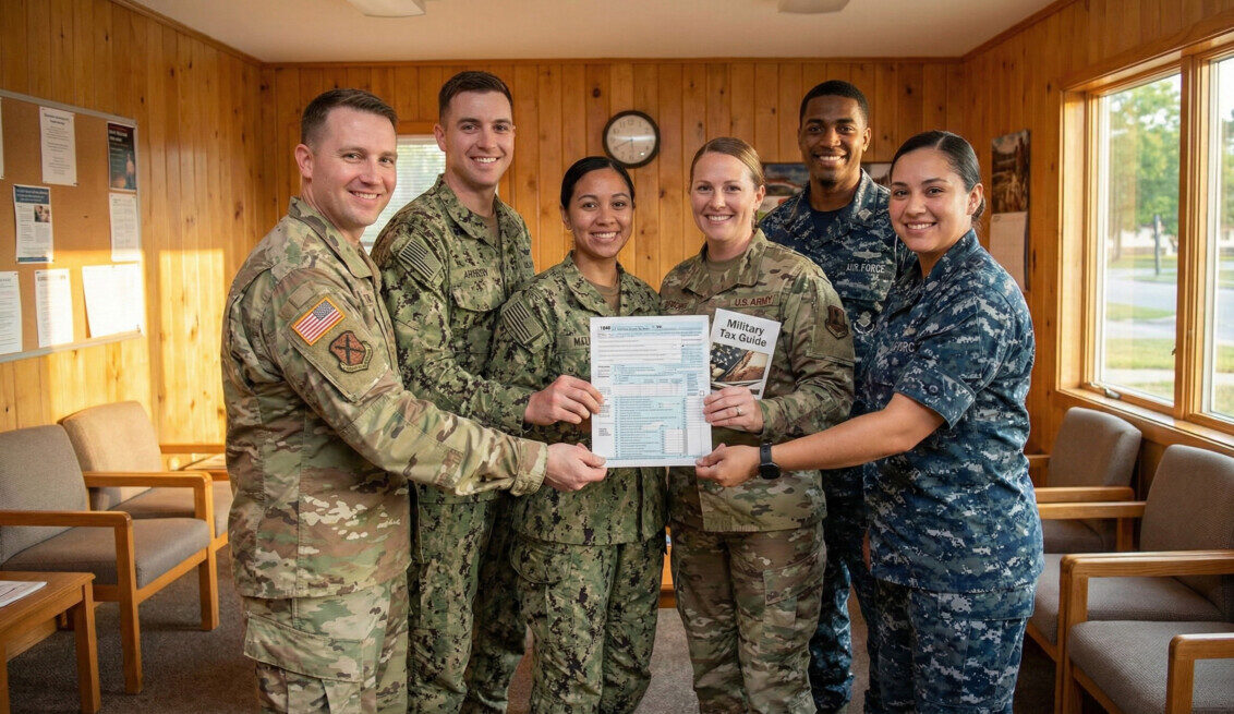 A high-quality photo of a diverse group of smiling US military service members in uniform (Army, Navy, Air Force) standing together, holding a financial document or tax form, with a warm and friendly atmosphere, realistic style.