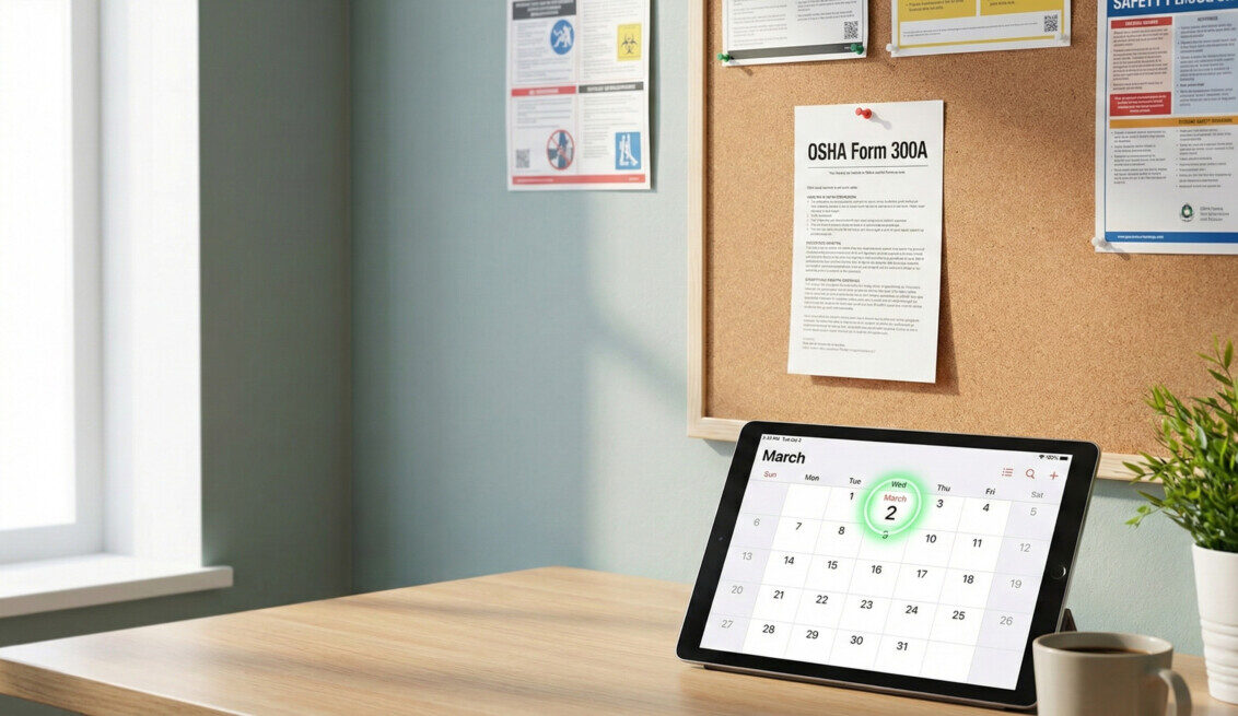 A professional office setting showing a bulletin board on a wall with a document titled 'OSHA Form 300A' pinned to it. In the foreground, a close-up of a digital calendar on a tablet screen with 'March 2' highlighted in green. The lighting is bright and clean, symbolizing compliance and safety.