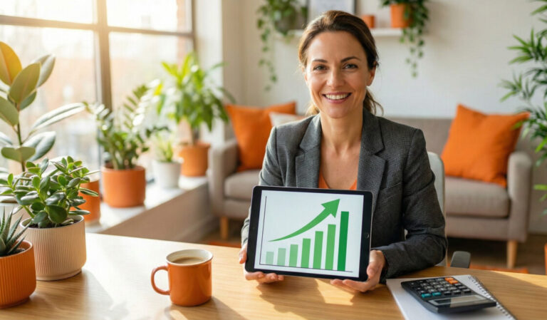 "A professional and friendly office setting showing a business owner smiling while looking at a tablet displaying a growth chart with a green upward trend. The desk is clean with a calculator and a cup of coffee. The lighting is warm and natural, using a color palette of fresh greens and vibrant oranges to suggest financial health and clarity. High quality, photorealistic