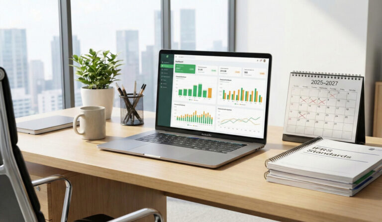 A modern, professional office desk setting with a laptop displaying a financial dashboard with green and orange data visualizations. On the desk, there is a calendar marked '2025' and '2027', and a stack of documents labeled 'IFRS Standards'. The lighting is bright and inviting, symbolizing clarity and future planning. 4k resolution, realistic style.