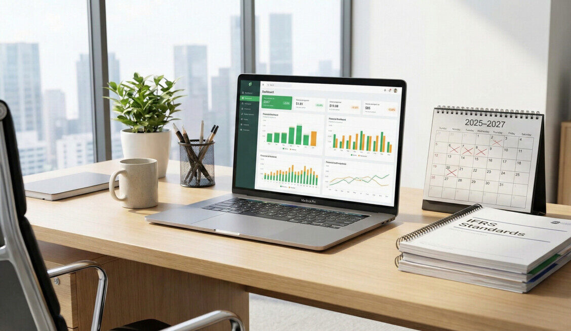 A modern, professional office desk setting with a laptop displaying a financial dashboard with green and orange data visualizations. On the desk, there is a calendar marked '2025' and '2027', and a stack of documents labeled 'IFRS Standards'. The lighting is bright and inviting, symbolizing clarity and future planning. 4k resolution, realistic style.