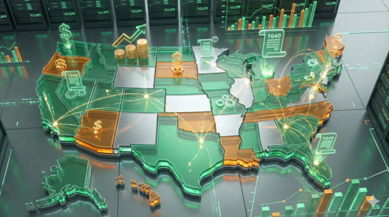 A professional, modern 3D illustration of a United States map with digital tax symbols, green and orange color theme, sleek financial icons, high quality, 4k.