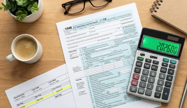 A flat lay photography style image of a modern wooden desk. On the desk, there is a US tax return form, a calculator with a green display, a pay stub highlighted with a yellow marker, and a cup of coffee. The lighting is bright and natural, conveying a sense of organization and financial planning. High resolution, professional blog header style.