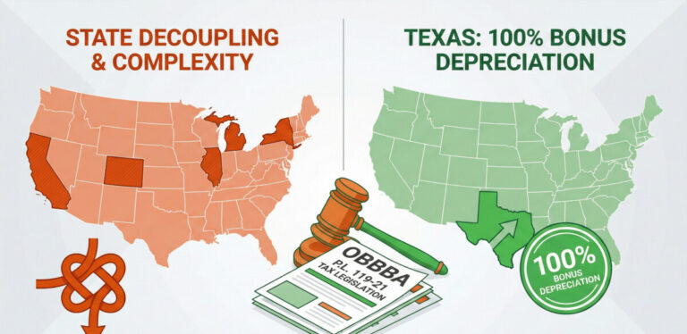 A split-screen illustration for a tax blog post. On the left side, a map of the US with states like California and Michigan highlighted in red (representing decoupling/complexity). On the right side, the state of Texas highlighted in green with a '100% Bonus' stamp. In the center, a gavel and tax documents labeled 'OBBBA' or 'P.L. 119-21'. The style should be professional, flat vector art with a green and orange color palette to match the blog theme.