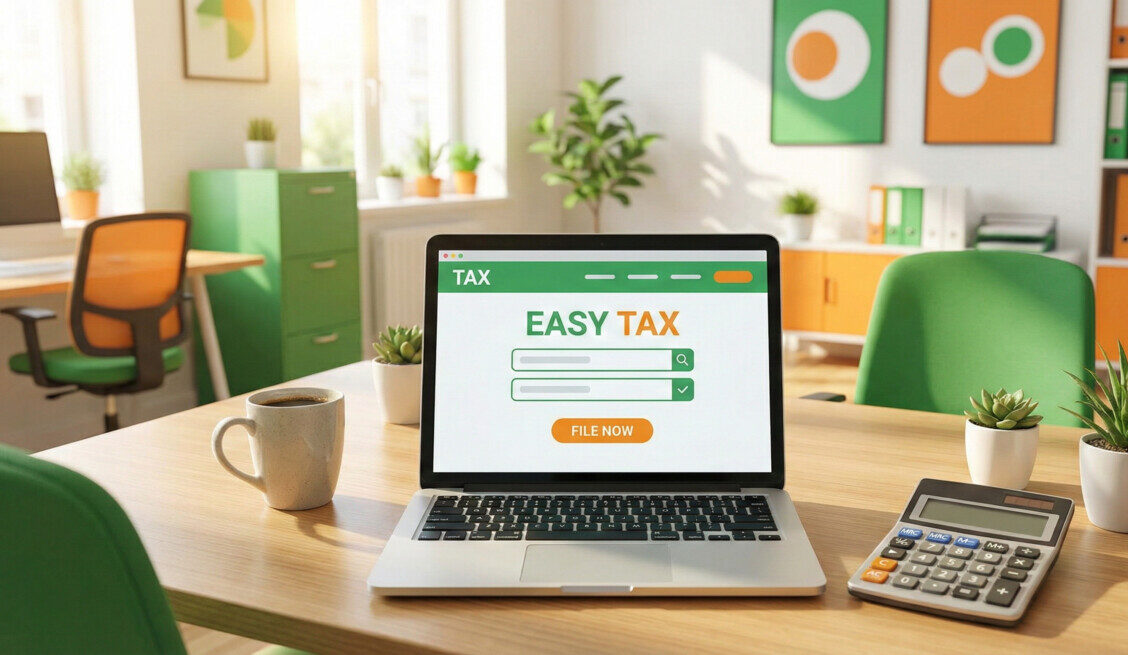 A bright, professional workspace with a laptop showing a simplified green tax filing interface, a cup of coffee, and a calculator on a wooden desk, vibrant green and orange color theme, friendly and modern atmosphere, high resolution.