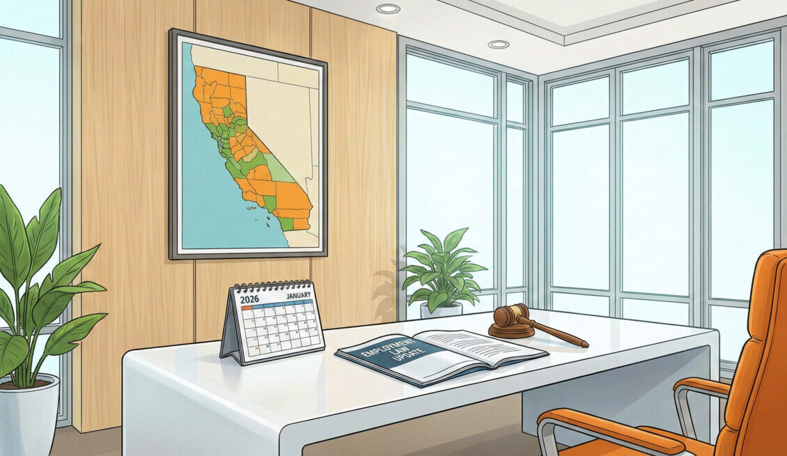 "A professional, bright office setting concept art featuring a map of California on a wall, a desk with a 2026 calendar, and a gavel resting on a document titled 'Employment Law Update', in a modern, vibrant style with green and orange accents." 
