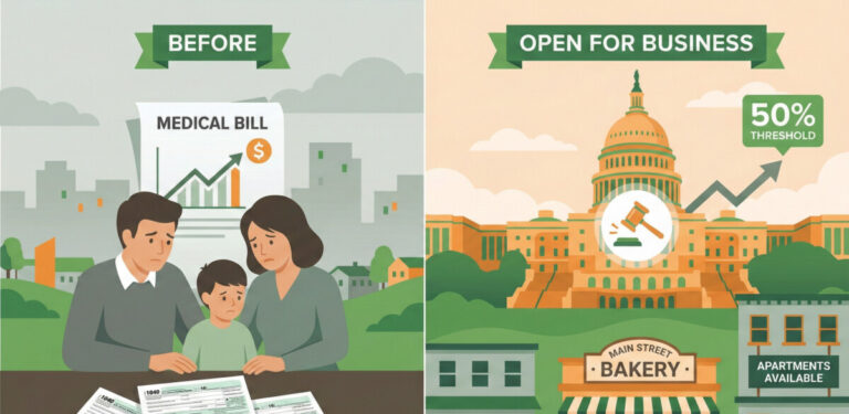 A split-screen illustration showing a worried family looking at a high medical bill on the left, and a stylized view of the US Capitol building with a gavel on the right. The background should be clean and professional, using shades of green and orange to match the blog theme. Include symbols of tax forms and a rising graph line.